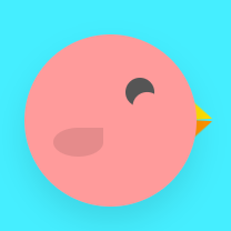 Illustration of a pink cartoon bird against a blue sky.